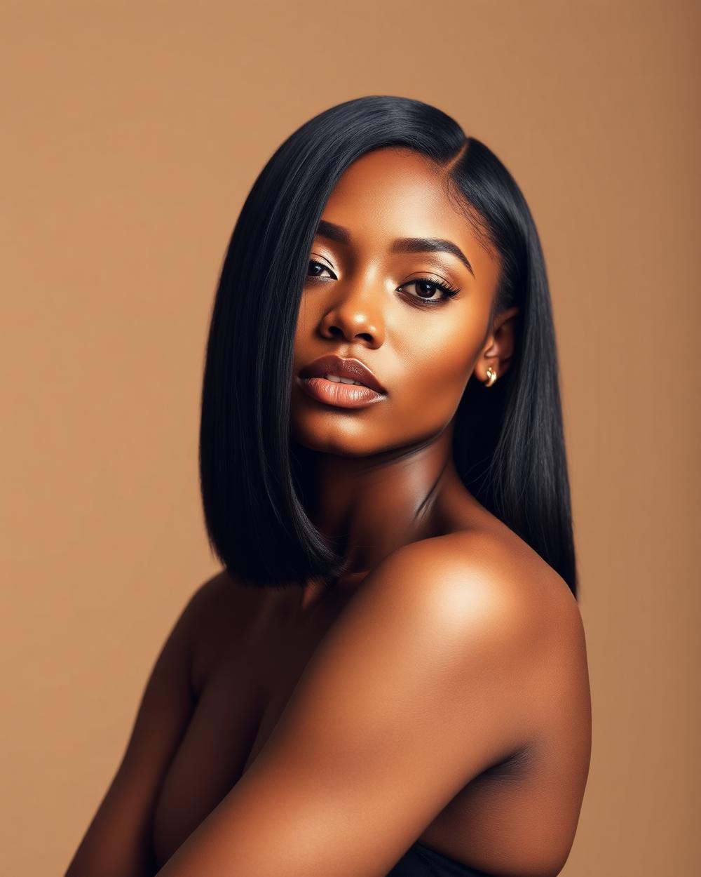 Model wearing a sleek straight bob wig against a warm beige backdrop