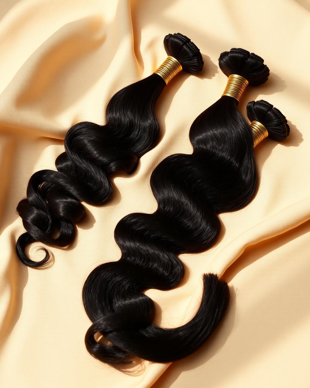Bundles of raw body wave hair extensions arranged on cream silk