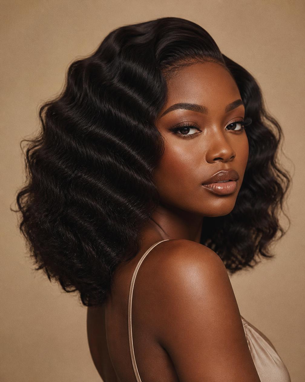 Model wearing The Nia deep wave closure set at shoulder length