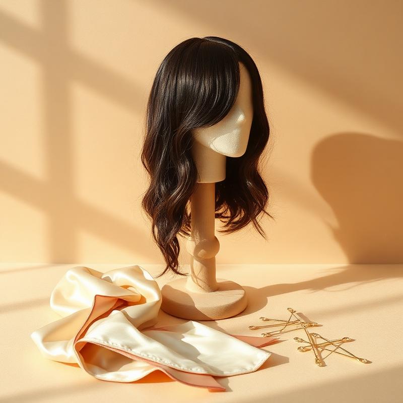 A Zefi wig on a stand beside a silk wrap and gold pins