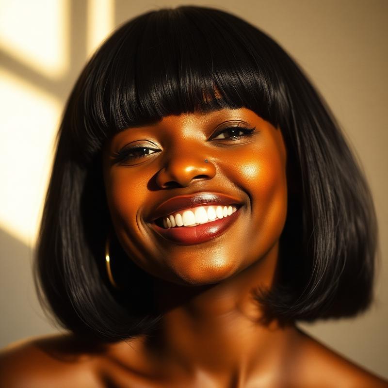 Client smiling in a blunt bob wig with gold hoop earrings
