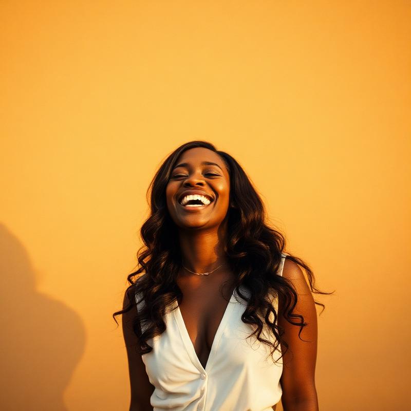 Client laughing outdoors in Lagos evening light wearing long body wave hair